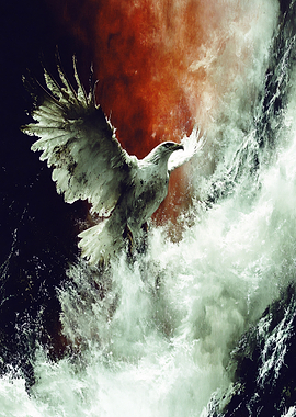 Eagle soaring over turbulent waters