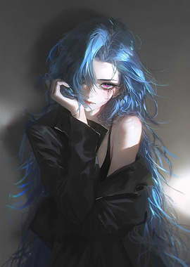 Blue-haired woman in black jacket