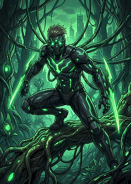 Cyberpunk Warrior in Green Forest
