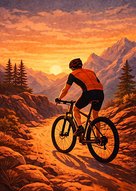 Sunset Ride – Mountain Cycling Adventure Illustration