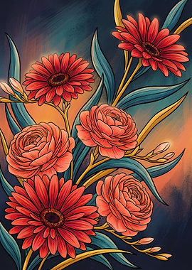 Floral arrangement with red and peach flowers