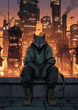 Cyberpunk Wolf on Rooftop
