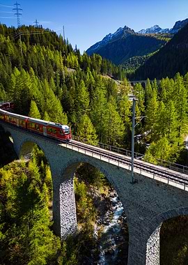 Bernina Express Train on Stone Bridge
