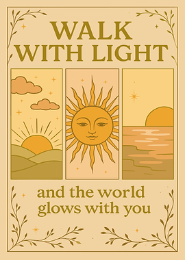 Walk With Light Poster, Sun Illustration Wall Art, Inspirational Quote Beige Art Print