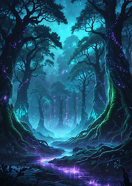 Ethereal Moonlight River in Ancient Forest