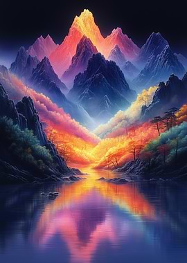Colorful Mountain Landscape with Lake Reflection