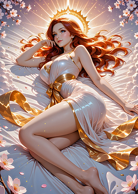 Redhead Girl in White and Gold Dress