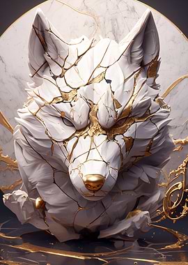 Marble Wolf Head with Gold Accents