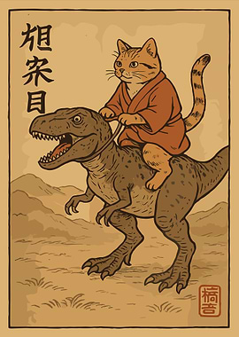 Orange Tabby Cat Riding Dinosaur Poster, Japanese Style Art Print, Whimsical Animal Wall Decor