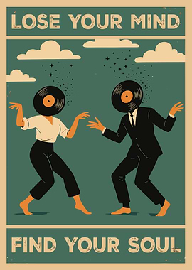 Dancing Vinyl Records Poster, Retro Music Art Print, DJ Music Lover Wall Decor Teal Illustration
