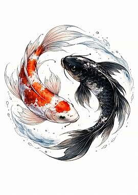 Yin Yang Koi Fish Watercolor Painting