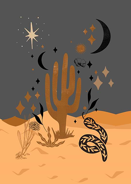 Mystical Desert Nightscape with Cactus and Snake