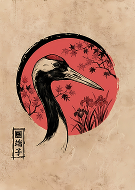 Japanese Crane Art with Maple Leaves