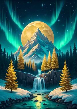 Winter Aurora Mountain Waterfall with Moonlit Glow Fantasy Art