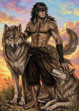Man and Wolves Fantasy Art