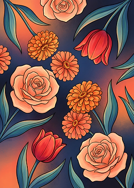 Floral Pattern with Roses, Tulips, and Zinnias