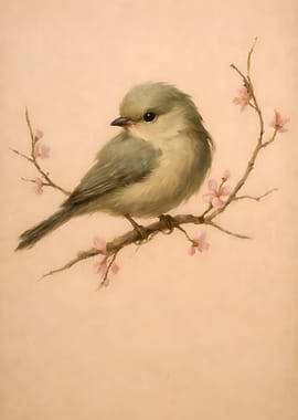 Bird on Blossoming Branch Painting
