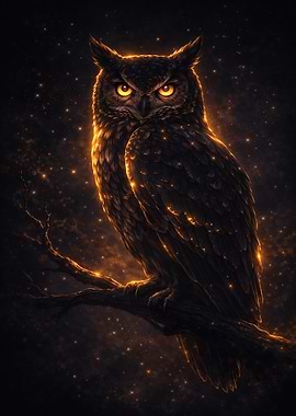 Golden Owl Perched on Branch in the dark