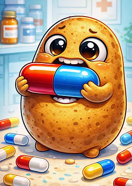 Cartoon Potato Character with Pill