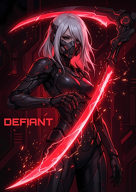 Defiant Cyberpunk Warrior with Glowing Scythe