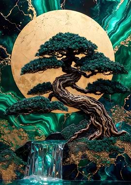 Bonsai Tree with Waterfall and Moon