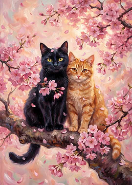 Love Cats in Cherry Blossoms Painting