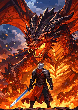 Knight Facing a Fiery Dragon
