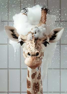 Giraffe taking a bath