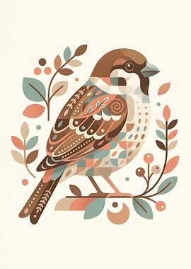 Stylized Sparrow Illustration with Floral Accents