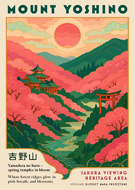 Mount Yoshino Sakura Poster, Japanese Cherry Blossom Travel Art, Nara Japan Landscape Print