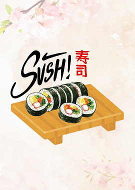 Sushi Illustration with Cherry Blossom Background