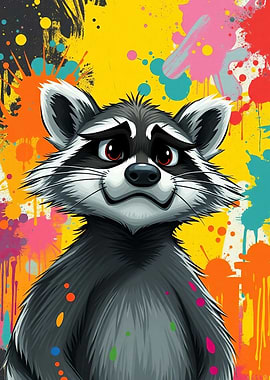Cartoon Raccoon with Colorful Paint Splatters