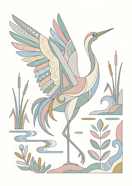 Elegant Crane Illustration with Geometric Details