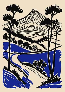 Minimalist Landscape with Mountain and Trees