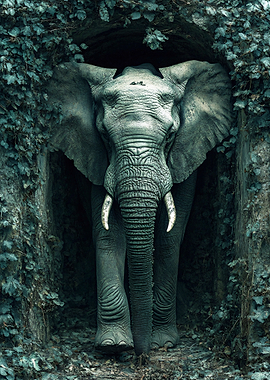 Elephant emerging from ivy-covered tunnel