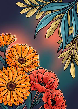 Floral Illustration with Orange and Red Flowers