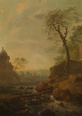 Landscape with Bridge and Travelers Painting