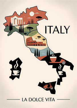 Italy Map La Dolce Vita Poster