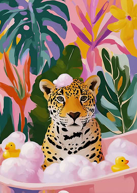 Jaguar in Bathtub with Rubber Ducks