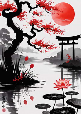 Japanese Landscape with Torii Gate and Red Sun