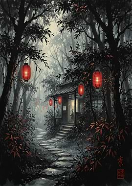 Japanese House in Forest with Lanterns