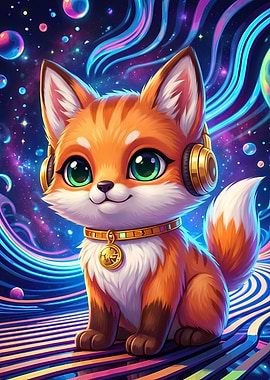 Cute Fox with Headphones in Space