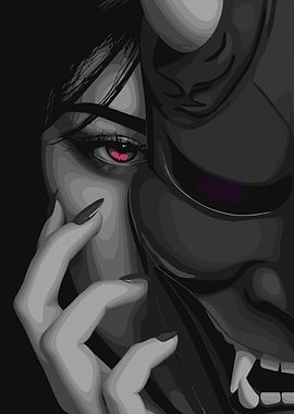 Woman with Oni Mask Digital Art