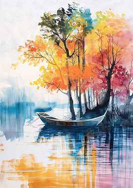 Autumn Lake Boat Watercolor Painting