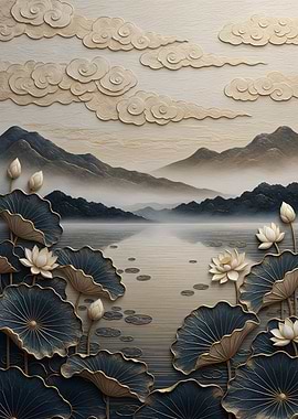 Lotus Pond at Dawn – Nature Asie Gilded Zen Relief Art