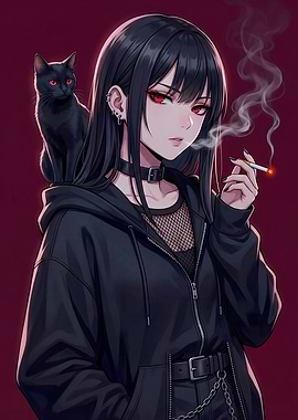 Anime Girl with Black Cat and Cigarette