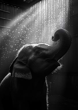 Elephant Showering in Black and White