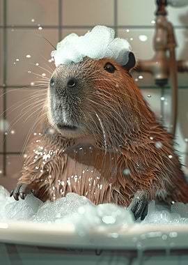 Capybara in Bathtub with Bubbles