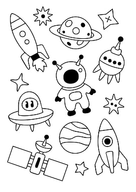 Space themed black and white doodles