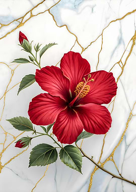 Red Hibiscus Flower Painting with Gold Accents Marble Texture